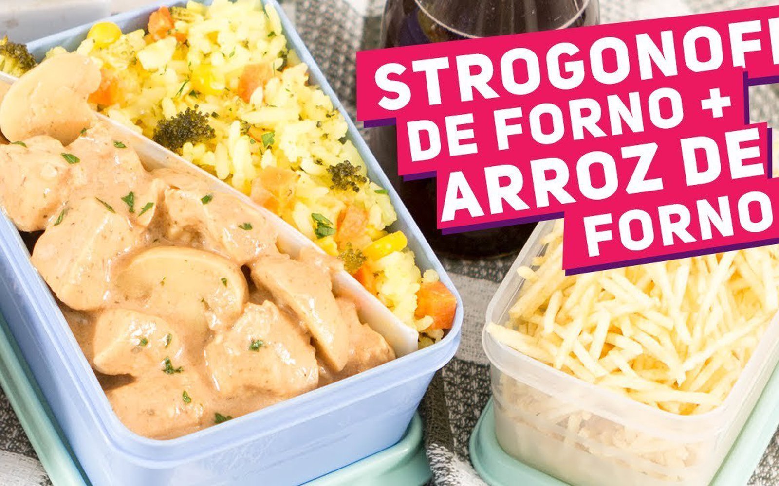 Marmita Completa: Strogonoff de Frango de Forno com Arroz de Forno