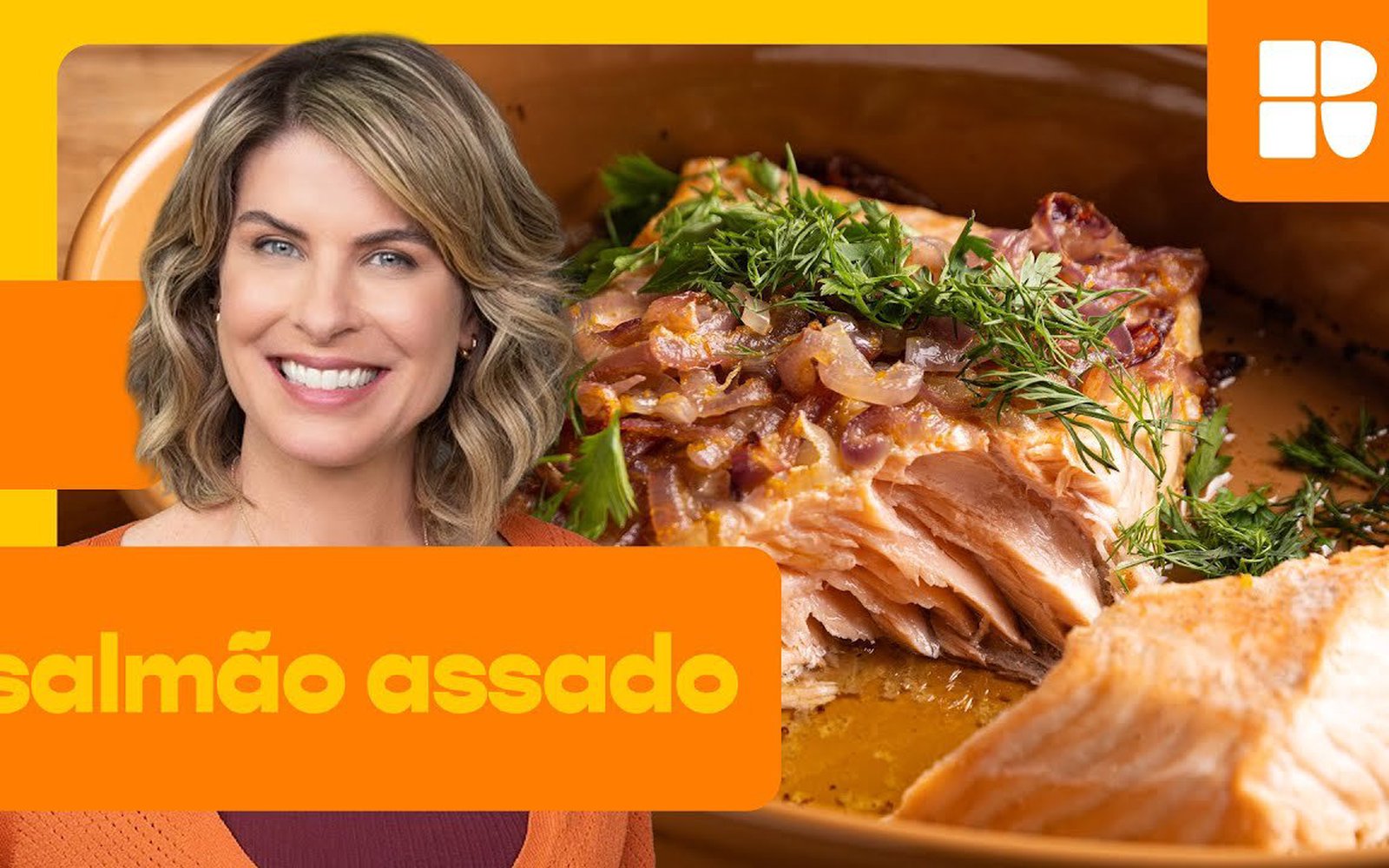 Salmão assado com manteiga de laranja e cebola roxa