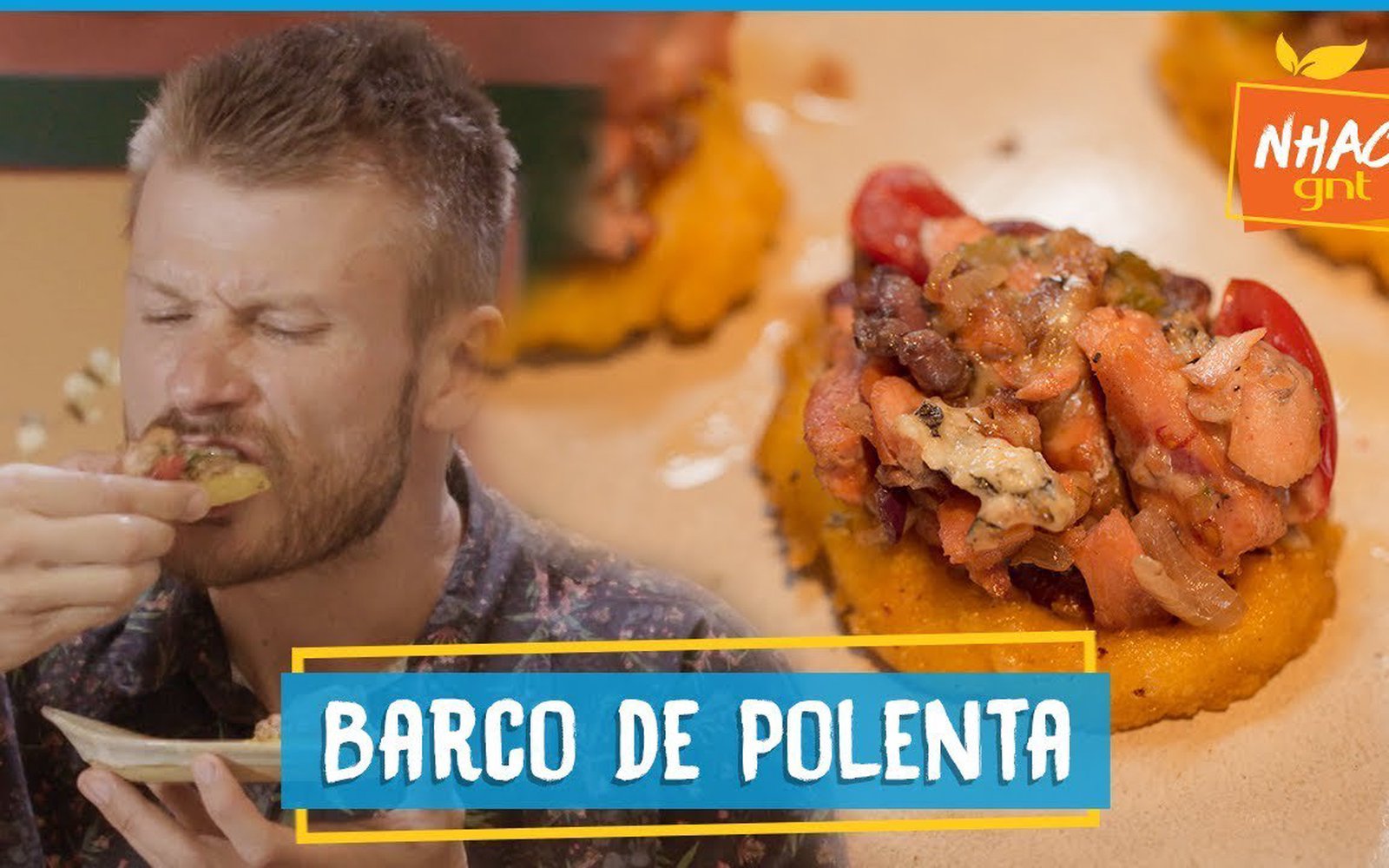 Polenta frita recheada com truta salmonada