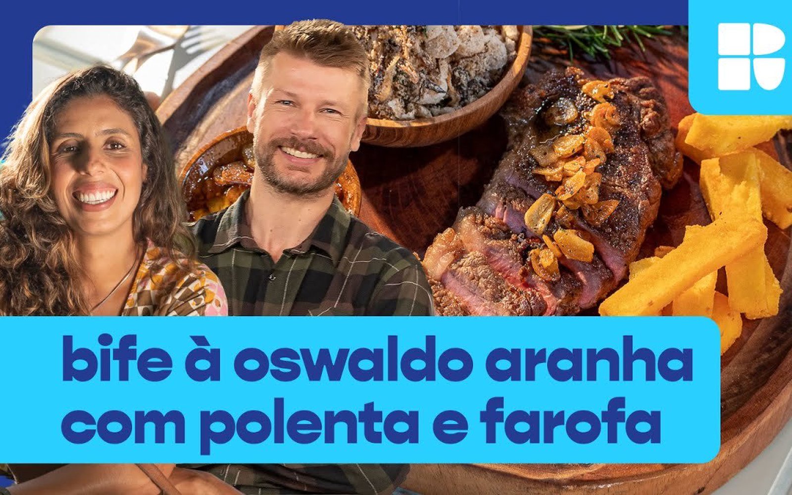 Filé à Oswaldo Aranha com polenta frita e farofa de polvilho
