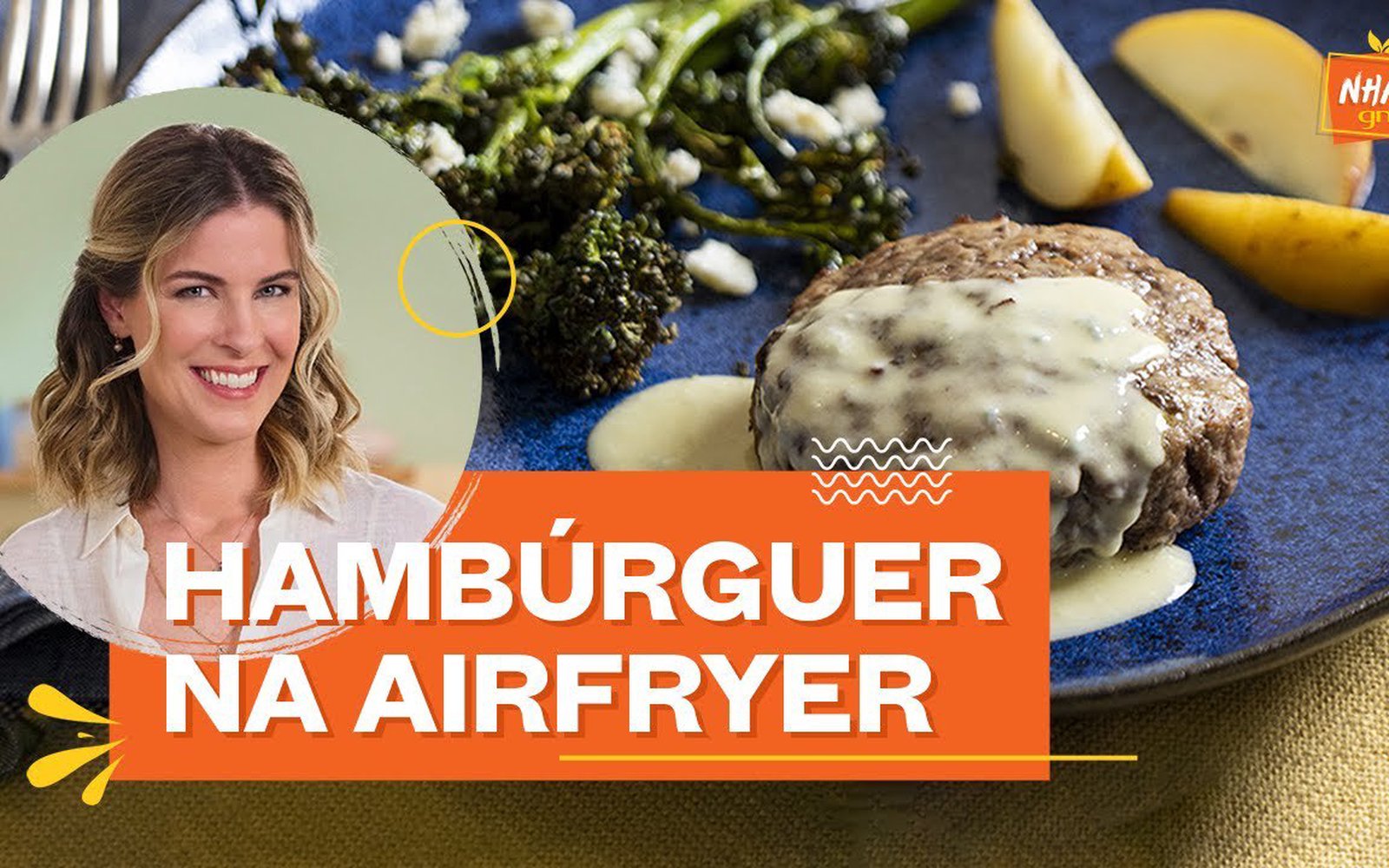Hambúrguer na Airfryer com Molho de Gorgonzola e Brócolis Assado