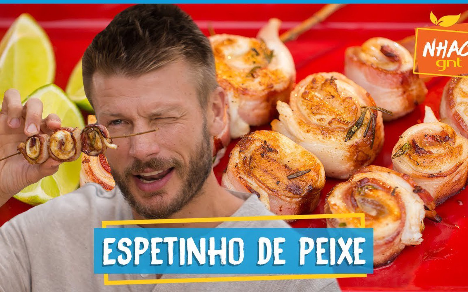 Espetinho de peixe com bacon e alecrim