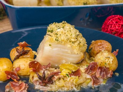 Bacalhau com Alho Poró, Batatas e Parma